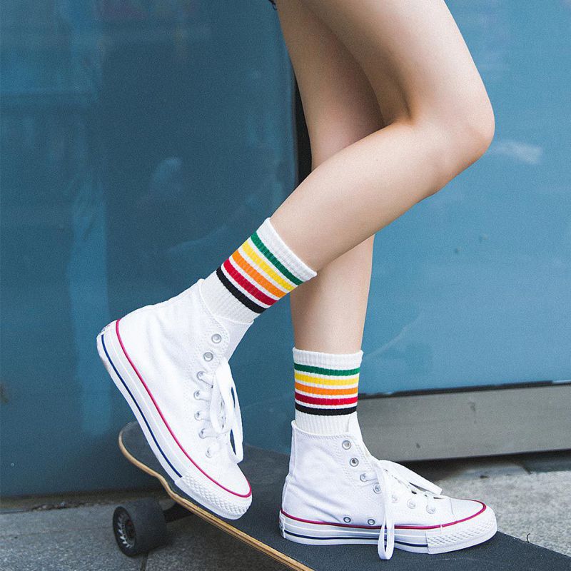 Outdoor  1 Pair Winter Rainbow Striped cotton socks for women  Girls College style sock funny art warm sox  Outdoor  Outdoor